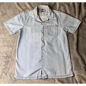 Vans Shirt Mens Small Blue Denim Short Sleeve Button Up Rainbow Pride Logo